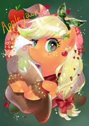 Size: 1500x2122 | Tagged: safe, artist:ukidm_a, imported from derpibooru, applejack, earth pony, pony, apple, cowboy hat, female, food, hat, looking at you, mare, solo