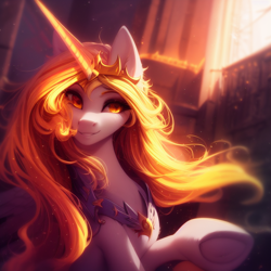 Size: 768x768 | Tagged: safe, editor:mr-bat, imported from derpibooru, daybreaker, alicorn, pony, ai content, ai generated, armor, blonde, blonde hair, generator:stable diffusion, glowing, glowing horn, horn, pony ears, raised hoof, sunlight