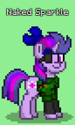 Size: 516x852 | Tagged: safe, imported from derpibooru, twilight sparkle, pony, unicorn, pony town, eyepatch, green background, metal gear solid, metal gear solid 3, naked snake, simple background, solo