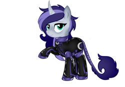 Size: 2360x1640 | Tagged: safe, artist:mistress midnight, imported from derpibooru, oc, oc:lady meridian, pony, unicorn, fireheart76's latex suit design, horn, latex, latex suit, prisoners of the moon, rubber, rubber suit, solo, unicorn oc