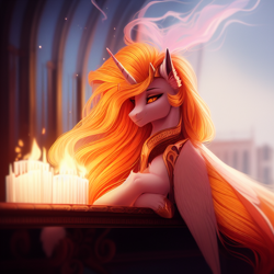 Size: 768x768 | Tagged: safe, editor:mr-bat, imported from derpibooru, daybreaker, alicorn, pony, ai content, ai generated, armor, candle, generator:stable diffusion, smoke