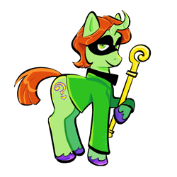 Size: 2000x2000 | Tagged: safe, artist:carconutty, imported from derpibooru, pony, unicorn, batman, cane, clothes, curved horn, dc comics, horn, male, mask, ponified, shirt, simple background, solo, staff, stallion, suit, the riddler, unshorn fetlocks, white background