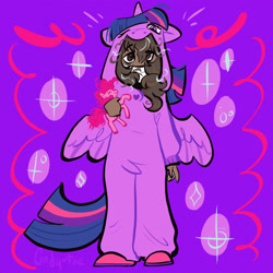 Size: 2000x2000 | Tagged: safe, artist:carconutty, imported from derpibooru, pinkie pie, twilight sparkle, oc, oc only, alicorn, earth pony, human, pony, brony, clothes, cosplay, costume, dark skin, female, male, mare, non-mlp oc, onesie, plushie, slippers, solo, twilight sparkle (alicorn)