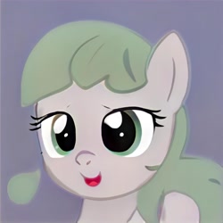 Size: 1024x1024 | Tagged: safe, imported from derpibooru, pony, ai content, ai generated, ears up, eyelashes, generator:thisponydoesnotexist, nostrils, open mouth, open smile, raised hoof, simple background, smiling, solo