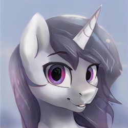 Size: 1024x1024 | Tagged: safe, imported from derpibooru, pony, unicorn, ai content, ai generated, ears up, generator:thisponydoesnotexist, gradient background, looking at you, nostrils, raised eyebrows, smiling, smiling at you, solo