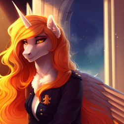 Size: 768x768 | Tagged: safe, editor:mr-bat, imported from derpibooru, daybreaker, alicorn, anthro, unguligrade anthro, ai content, ai generated, clothes, generator:stable diffusion, horn, looking at you, military, military uniform, smiling, uniform, wings