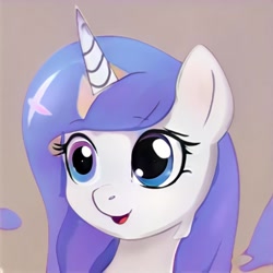 Size: 1024x1024 | Tagged: safe, imported from derpibooru, pony, unicorn, ai content, ai generated, eyelashes, generator:thisponydoesnotexist, nostrils, open mouth, open smile, simple background, smiling, solo, tan background