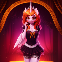 Size: 768x768 | Tagged: safe, editor:mr-bat, imported from derpibooru, daybreaker, alicorn, anthro, unguligrade anthro, ai content, ai generated, breasts, clothes, folded wings, generator:stable diffusion, looking at you, maid, maidbreaker, smiling, smiling at you, wings, wings down