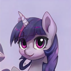 Size: 1024x1024 | Tagged: safe, imported from derpibooru, pony, unicorn, ai content, ai generated, ears up, generator:thisponydoesnotexist, gradient background, looking at you, not twilight sparkle, smiling, smiling at you, solo