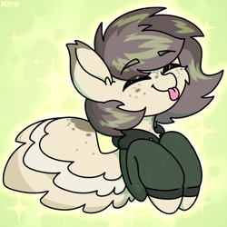 Size: 1500x1500 | Tagged: safe, artist:koapony, imported from derpibooru, oc, oc only, pegasus, pony, clothes, coat markings, dappled, eyebrows, eyebrows visible through hair, eyes closed, freckles, happy, hoodie, raspberry, smiling, solo, tongue out