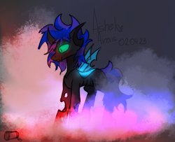 Size: 1295x1053 | Tagged: safe, artist:ashel_aras, imported from derpibooru, oc, oc only, oc:ashel, changeling, blood, blood on face, changeling oc, dark background, glowing, glowing eyes, krita, smoke, solo, stupor