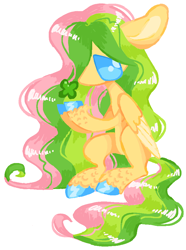 Size: 702x943 | Tagged: safe, artist:webkinzworldz, imported from derpibooru, fluttershy, pegasus, pony, alternate hair color, alternate hairstyle, clover, colored hooves, female, folded wings, four leaf clover, g4, mare, simple background, sitting, solo, tail, unshorn fetlocks, white background, wings