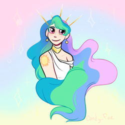 Size: 2048x2048 | Tagged: safe, artist:carconutty, imported from derpibooru, princess celestia, human, alternate hairstyle, clothes, crown, cute, cutelestia, cutie mark on human, cutie mark tattoo, dress, ear piercing, earring, female, humanized, jewelry, piercing, regalia, solo, tattoo