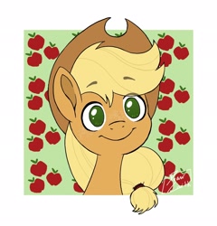 Size: 1962x2048 | Tagged: safe, artist:drawcaith, imported from derpibooru, applejack, earth pony, pony, apple, bust, cowboy hat, cutie mark background, female, food, hat, mare, no pupils, portrait, smiling, solo