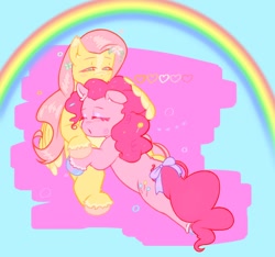 Size: 1312x1226 | Tagged: safe, artist:strwbunby, imported from derpibooru, fluttershy, pinkie pie, earth pony, pegasus, pony, cuddling, duo, female, hug, mare, rainbow