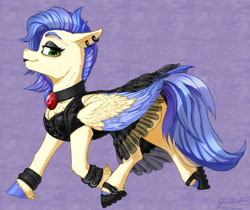Size: 1024x862 | Tagged: safe, artist:thatonegib, imported from derpibooru, oc, oc only, oc:dyed petals, pegasus, pony, clothes, ear piercing, earring, female, goth, hoof shoes, jewelry, lipstick, looking at you, mare, necklace, piercing, shoes, skirt, smiling, solo, trotting