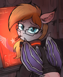 Size: 700x850 | Tagged: safe, artist:tatykin, imported from derpibooru, oc, oc only, oc:ember eclipse, bat pony, pony, bat pony oc, bat wings, cigarette, clothes, computer, cyberpunk, dystopia, exhausted, glasses, jacket, leather, leather jacket, looking at you, looking back, looking back at you, male, new lunar republic, no source available, smoking, solo, stare, tired, tired eyes, wings