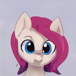 Size: 1024x1024 | Tagged: safe, imported from derpibooru, pony, ai content, ai generated, blue eyes, bust, ears up, generator:thisponydoesnotexist, gray background, looking at you, nostrils, raised eyebrows, shading, simple background, smiling, smiling at you, solo