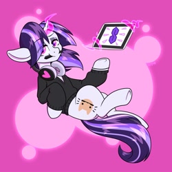 Size: 2000x2000 | Tagged: safe, artist:koapony, imported from derpibooru, oc, oc only, pony, unicorn, clothes, eye clipping through hair, eyebrows, eyebrows visible through hair, headphones, hoodie, levitation, lidded eyes, looking at you, magic, mouth hold, pen, solo, stylus, tablet, telekinesis, underhoof