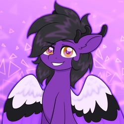 Size: 2000x2000 | Tagged: safe, artist:koapony, imported from derpibooru, oc, oc only, pegasus, pony, antlers, colored wings, eye clipping through hair, eyebrows, eyebrows visible through hair, grin, looking at you, smiling, solo, spread wings, wings