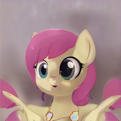 Size: 1024x1024 | Tagged: safe, imported from derpibooru, pony, ai content, ai generated, bust, ears up, generator:thisponydoesnotexist, gradient background, nostrils, open mouth, pink mane, shading, solo