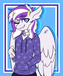 Size: 1200x1450 | Tagged: safe, artist:koapony, imported from derpibooru, oc, oc only, anthro, pegasus, clothes, collar, eyebrows, eyebrows visible through hair, grin, hoodie, horns, looking at you, one eye closed, smiling, smirk, solo, spread wings, wings, wink, winking at you