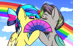 Size: 1500x953 | Tagged: safe, artist:koapony, imported from derpibooru, oc, oc only, bat pony, pegasus, pony, colored wings, colored wingtips, eyebrows, eyebrows visible through hair, eyes closed, fan, hand fan, implied kissing, rainbow, two toned wings, wings