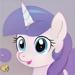 Size: 1024x1024 | Tagged: safe, imported from derpibooru, pony, unicorn, ai content, ai generated, blue eyes, bust, ears up, eyelashes, generator:thisponydoesnotexist, gray background, nostrils, open mouth, open smile, simple background, smiling, solo