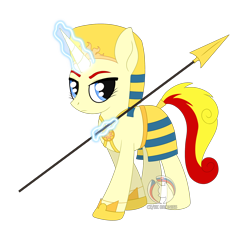 Size: 2290x2234 | Tagged: safe, artist:dyonys, imported from derpibooru, oc, oc:miss libussa, pony, unicorn, czequestria, day guard, egyptian, egyptian headdress, egyptian pony, magic, simple background, spear, transparent background, watermark, weapon