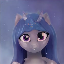 Size: 1024x1024 | Tagged: safe, imported from derpibooru, pony, ai content, ai generated, blue mane, bust, ears up, eyelashes, generator:thisponydoesnotexist, horn, lighting, looking at you, multiple horns, nostrils, purple eyes, solo