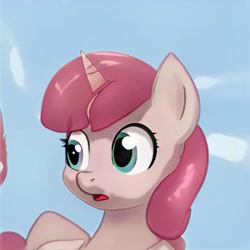 Size: 1024x1024 | Tagged: safe, imported from derpibooru, pony, unicorn, ai content, ai generated, bust, ears up, eyelashes, generator:thisponydoesnotexist, gradient background, looking sideways, open mouth, pink mane, shading, solo