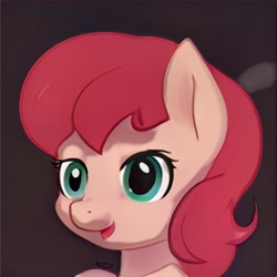 Size: 1024x1024 | Tagged: safe, imported from derpibooru, pony, ai content, ai generated, bust, ears up, eyelashes, generator:thisponydoesnotexist, gradient background, green eyes, nostrils, open mouth, open smile, red mane, shading, smiling, solo