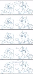 Size: 927x2048 | Tagged: safe, artist:somefrigginnerd, imported from derpibooru, sweet biscuit, oc, oc:pencil test, earth pony, pony, unicorn, apron, cash register, clothes, comic, crush, dialogue, duo, duo female, female, freckles, glasses, jewelry, mare, monochrome, piercing, shirt, simple background, white background