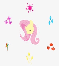 Size: 802x888 | Tagged: safe, artist:lennytribe, imported from derpibooru, fluttershy, pegasus, pony, applejack's cutie mark, eyes closed, female, fluttershy's cutie mark, mare, pinkie pie's cutie mark, rainbow dash's cutie mark, rarity's cutie mark, simple background, solo, twilight sparkle's cutie mark, white background