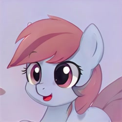 Size: 1024x1024 | Tagged: safe, imported from derpibooru, pony, ai content, ai generated, bust, ears up, eyebrows, eyelashes, generator:thisponydoesnotexist, gradient background, nostrils, open mouth, open smile, raised eyebrow, shading, smiling, solo