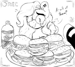 Size: 1642x1470 | Tagged: safe, artist:somefrigginnerd, imported from derpibooru, oc, oc only, oc:pencil test, earth pony, pony, burger, camera shot, cheeseburger, dialogue, disembodied hoof, dr pepper, ear piercing, earring, female, food, freckles, glasses, grayscale, hamburger, jewelry, mare, monochrome, mukbang, piercing, smiling, soda, solo focus, this will end in weight gain, unshorn fetlocks