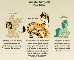 Size: 900x727 | Tagged: safe, artist:the clockwork crow, imported from derpibooru, oc, oc only, big cat, original species, pony, sphinx, tiger, unicorn, chest fluff, description, digital art, diluted hybrid pony sphinx, ear fluff, hooves, horn, hybrid pony, information, leg fluff, leonine tail, open species, paws, simple background, slit pupils, tail, text, three eyes, unicorn oc