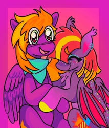 Size: 1450x1700 | Tagged: safe, artist:button, imported from derpibooru, oc, oc only, oc:burningstar, oc:fire star, bat pony, pegasus, pony, bust, cute, female, hug, mare, portrait, siblings, sisters