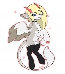 Size: 1500x1715 | Tagged: safe, artist:koapony, imported from derpibooru, oc, oc only, oc:tegan, demon, demon pony, pony, clothes, colored wings, colored wingtips, ear piercing, earring, eye clipping through hair, eyebrows, eyebrows visible through hair, fangs, freckles, horns, jewelry, leonine tail, looking at you, piercing, smiling, socks, spread wings, tail, thigh highs, two toned wings, wings