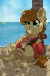Size: 800x1200 | Tagged: safe, artist:circus cinnamon, imported from derpibooru, oc, oc only, unnamed oc, pony, sphinx, beach, brown mane, clothes, detailed background, digital art, ear fluff, green eyes, guitar, hoodie, leonine tail, looking at you, musical instrument, palm tree, paw pads, paws, sitting, solo, sphinx oc, tail, tree, ukulele