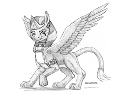 Size: 1024x794 | Tagged: safe, artist:baron engel, imported from derpibooru, sphinx (character), sphinx, armband, leonine tail, looking at you, paws, pencil drawing, simple background, spread wings, tail, traditional art, white background, wings