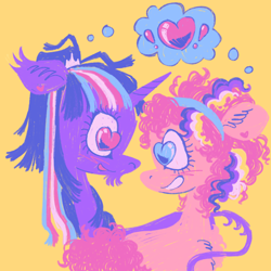 Size: 1000x1000 | Tagged: safe, artist:webkinzworldz, imported from derpibooru, pinkie pie, twilight sparkle, earth pony, pony, unicorn, duo, female, heart, lesbian, looking at each other, looking at someone, nonbinary, nonbinary pride flag, pride, pride flag, redraw, shipping, simple background, thought bubble, transgender, transgender pride flag, twinkie