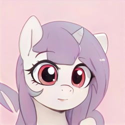 Size: 1024x1024 | Tagged: safe, imported from derpibooru, pony, unicorn, ai content, ai generated, bust, ears up, eyelashes, generator:thisponydoesnotexist, looking at you, nostrils, pink background, raised eyebrows, simple background, solo