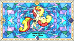 Size: 3840x2160 | Tagged: safe, artist:dyonys, imported from derpibooru, oc, oc:miss libussa, pony, unicorn, czequestria, female, mare, moon, stained glass, sun, watermark