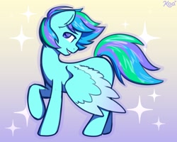 Size: 1802x1441 | Tagged: safe, artist:koapony, imported from derpibooru, oc, oc only, pegasus, pony, colored wings, colored wingtips, eyebrows, eyebrows visible through hair, gradient wings, looking at you, raised hoof, solo, sparkles, spread wings, wings