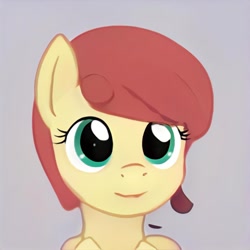 Size: 1024x1024 | Tagged: safe, imported from derpibooru, pony, ai content, ai generated, bust, ears up, eyelashes, generator:thisponydoesnotexist, gray background, green eyes, looking at you, nostrils, red mane, simple background, smiling, smiling at you, solo