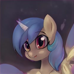 Size: 1024x1024 | Tagged: safe, imported from derpibooru, pony, unicorn, ai content, ai generated, blue mane, bust, ears up, eyebrows, generator:thisponydoesnotexist, gradient background, looking at you, smiling, smiling at you, solo