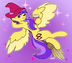 Size: 1880x1653 | Tagged: safe, artist:koapony, imported from derpibooru, oc, oc only, oc:koa, pegasus, pony, broom, coffee, colored wings, colored wingtips, eyebrows, eyebrows visible through hair, flying, flying broomstick, hat, looking at you, one eye closed, smiling, sparkles, two toned wings, wings, wink, winking at you, witch hat