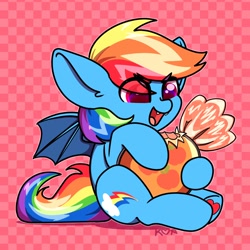 Size: 1500x1500 | Tagged: safe, artist:koapony, imported from derpibooru, rainbow dash, bat pony, pony, bat ponified, candy, cute, cute little fangs, eye clipping through hair, fangs, food, open mouth, open smile, race swap, smiling, solo, spread wings, wings