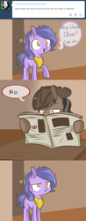 Size: 1181x3016 | Tagged: safe, artist:lolepopenon, imported from derpibooru, oc, oc only, oc:billie, oc:oliver, earth pony, pony, ask billie the kid, ask, comic, cowboy hat, duo, female, filly, foal, hat, male, messy mane, newspaper